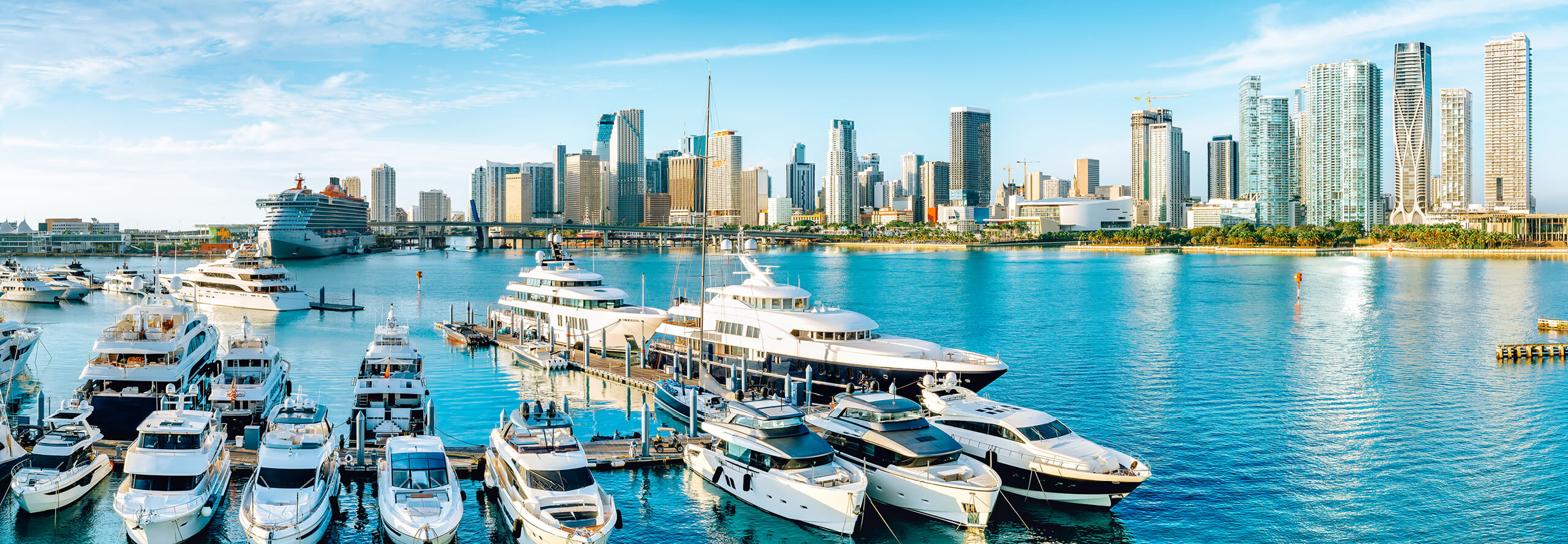 Boats are docked in the water with a Florida city skyline visible in the background
