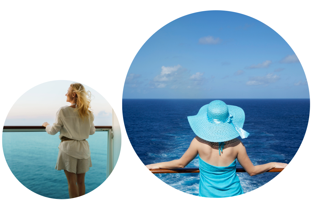The Edit Getaway Edition travel collage featuring ocean-view balcony moments and serene cruise ship sailings