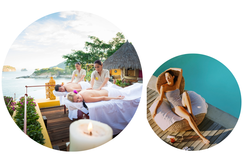 The Edit Getaway Edition travel collage featuring oceanfront spa treatments and luxury poolside relaxation