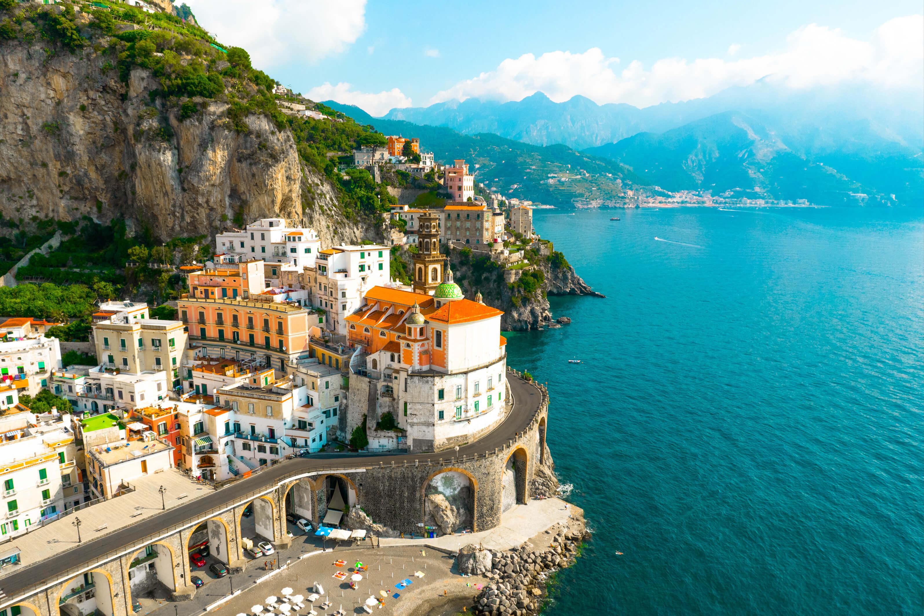 Colorful cliffside buildings along the Amalfi Coast overlooking the sea