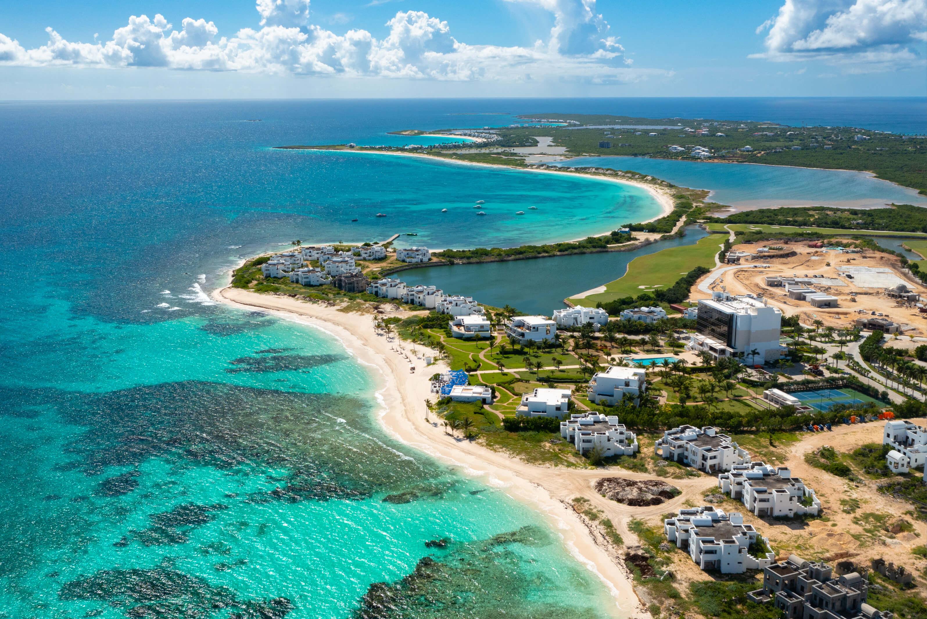 Aerial view of turquoise waters and beach in Anguilla