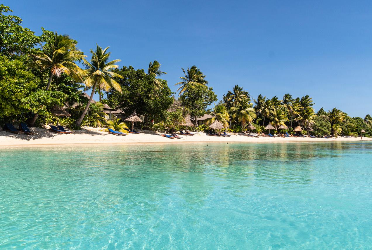 Clear blue water glistens under sunlight in Fiji, creating a serene and inviting atmosphere
