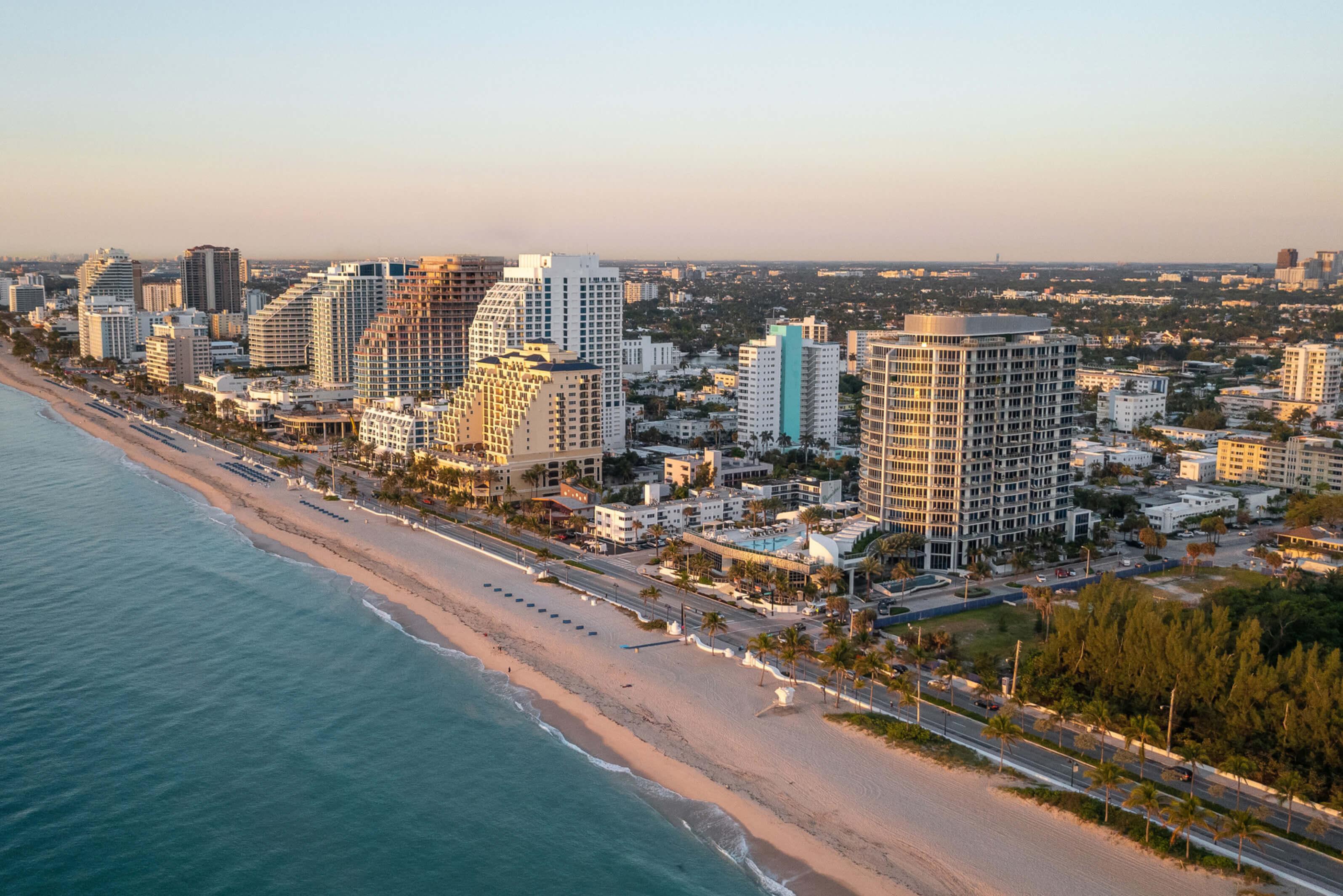 Fort Lauderdale coastline featuring high rise hotels and immaculate shores