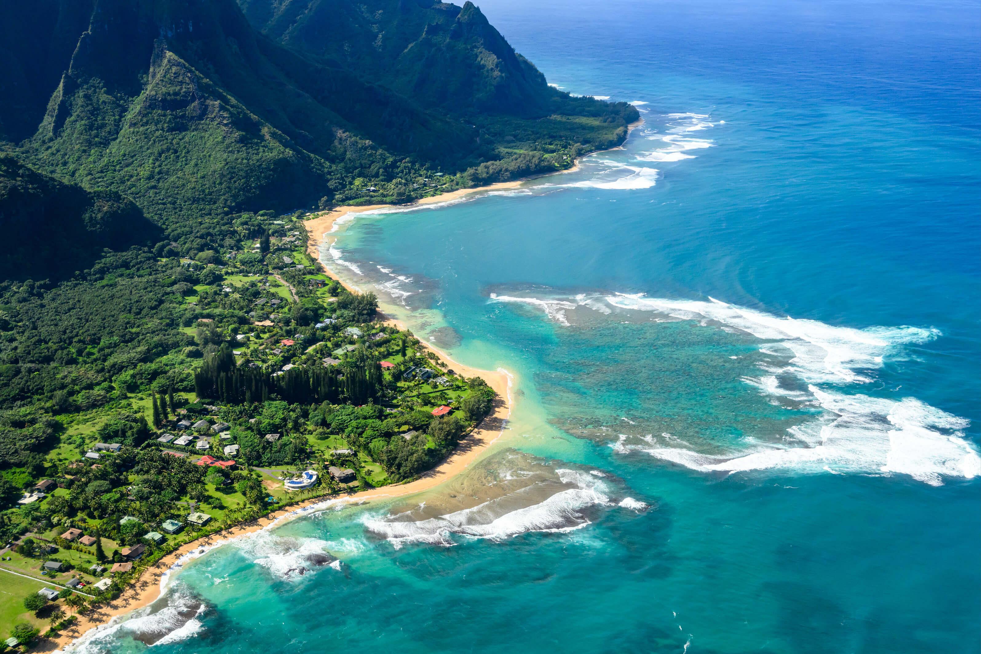 Lush landscape of Kauai, Hawaii, showcasing vibrant greenery and tropical beach under a sunny sky