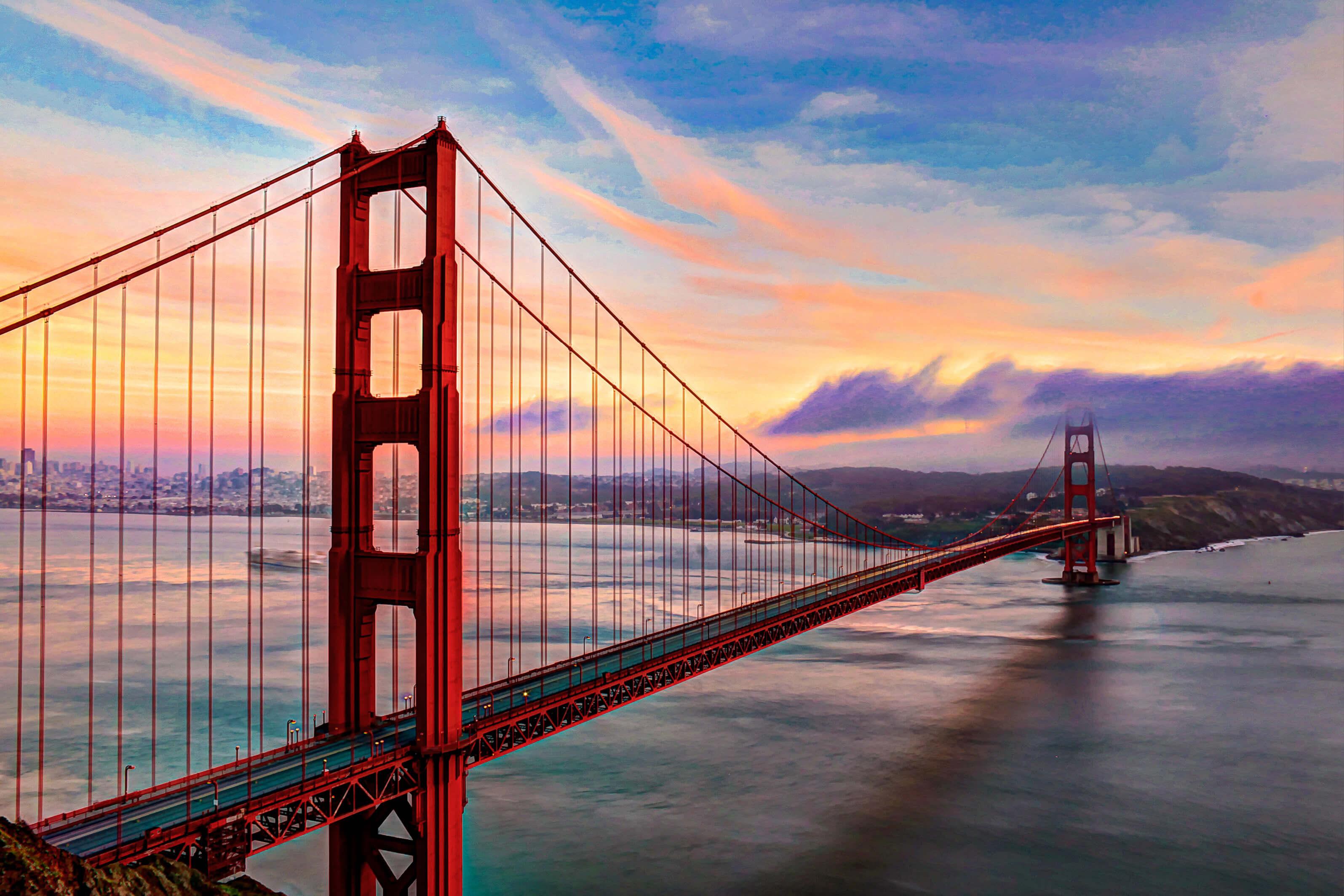 Iconic Golden Gate Bridge at dusk in San Francisco, California 