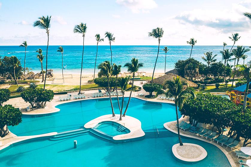Aerial view of the pool overlooking the beach at Iberostar Selection Bavaro Suites