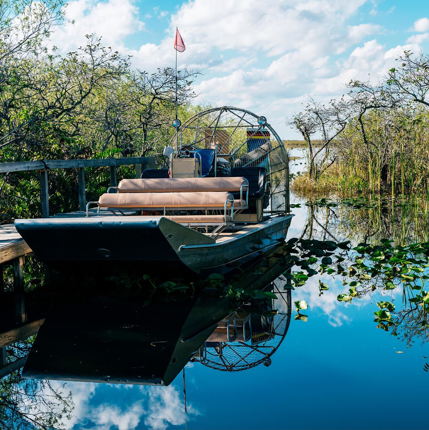 An airboat waits on the Everglades in Florida