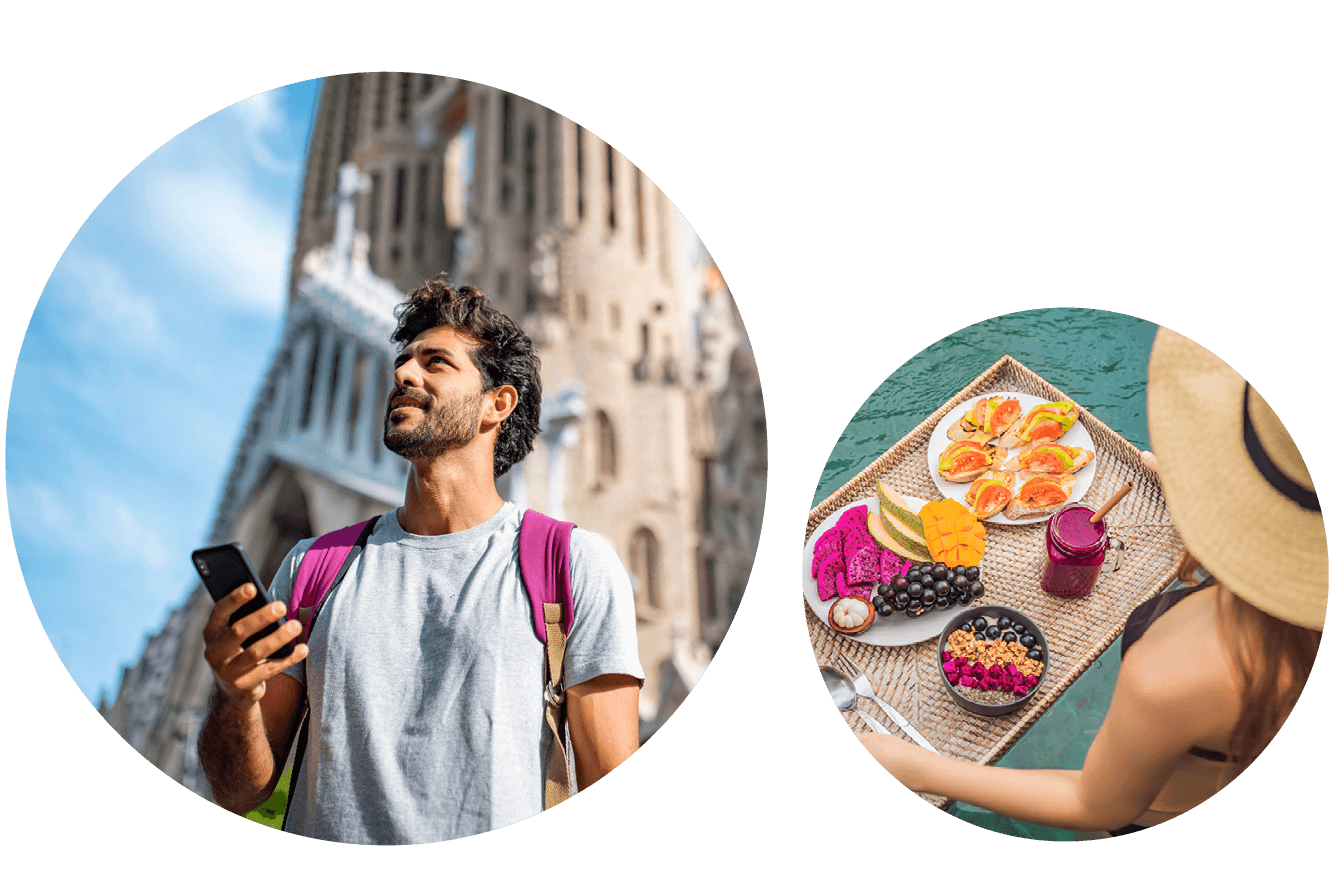 Traveler exploring a historic city with a smartphone and poolside floating breakfast at a resort.