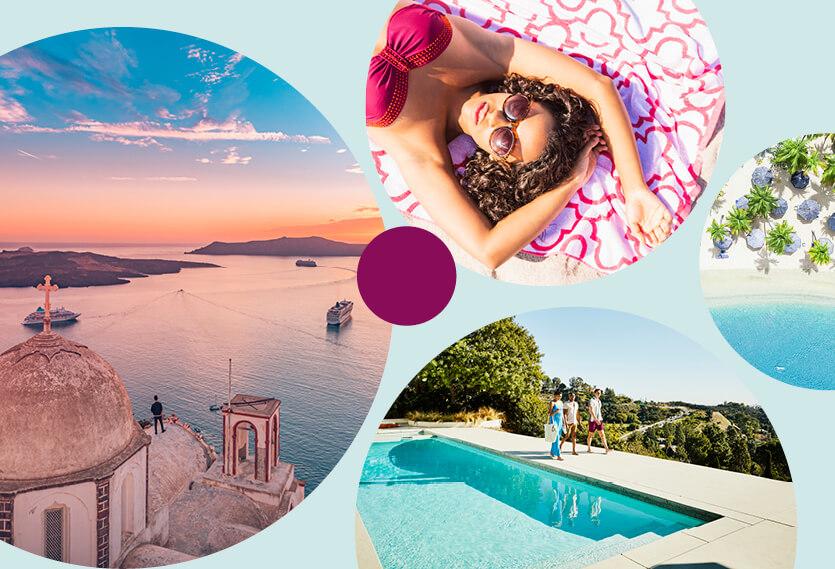 Sun-soaked travel collage featuring a coastal harbor at sunset, beach relaxation, tropical shoreline and poolside leisure.
